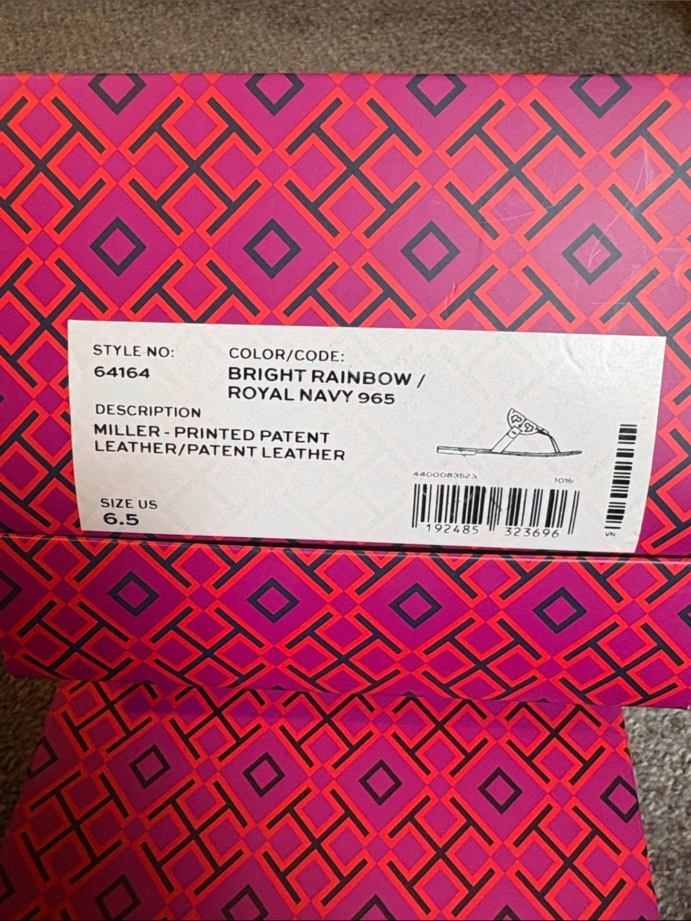 Bright Rainbow / Royal Navy Printed Patent Leather Miller Sandal- Size 6.5